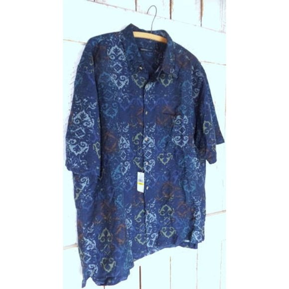 90's vintage Van Heusen dark blue linen button down short sleeve shirt - Picture 6 of 6